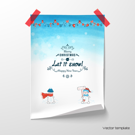 Vector poster. Sheet of paper glued with adhesive tape to the wall. Funny Cartoon snowmen and Christmas garland. Watercolor background Xmas typographic labelのイラスト素材