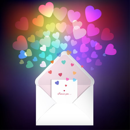 Vector illustration. Envelope and card with a multicolored hearts. Valentine's Day or wedding.のイラスト素材