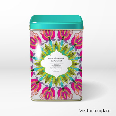 Vector object. Square tin packaging. Tea, coffee, dry products. Beautiful floral oriental round ornament. Frame for your text.のイラスト素材