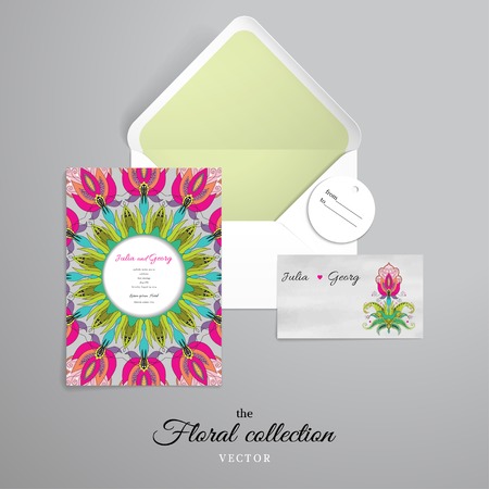 Vector set for design. Open envelope and various cards. Beautiful oriental fantastic flower. Hand drawing. Watercolor background.のイラスト素材