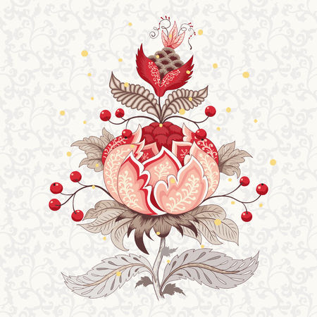 Vector element for ornament. Beautiful fantastic flower with leaves, tendrils and berries. Delicate seamless background. Motives of vintage Indian fabrics. Tree of Life collection.のイラスト素材