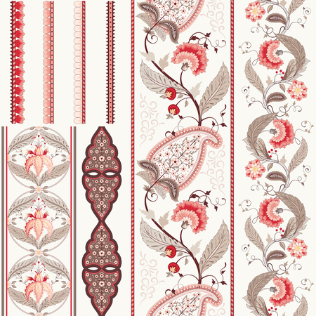 Set of seven vector vertical seamless borders. The motives of the paintings of ancient Indian fabrics. Tree of Life collection.のイラスト素材