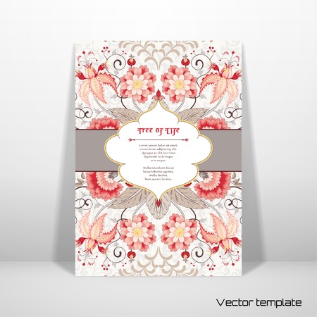 Vector card. Curved branch with fantastic flowers, leaves, tendrils and berries.のイラスト素材