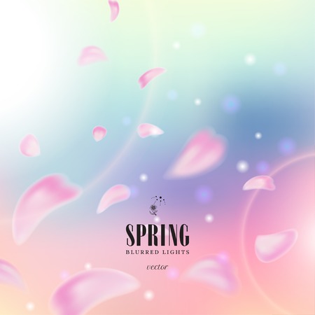 Vector illustration. Blurred lights on multicolored background. Delicate petals that are flying. Spring collection.のイラスト素材