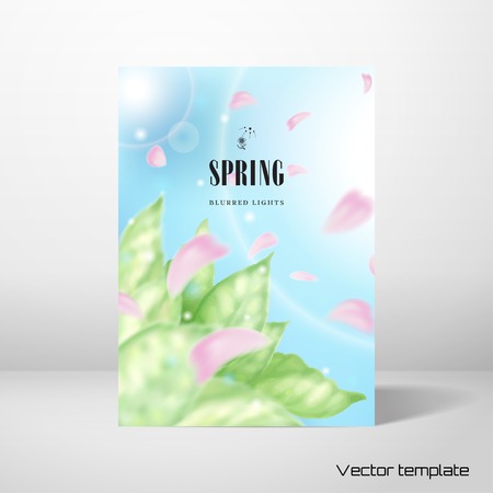 Vector card with Blurred lights on blue background and Delicate leaves and petals that are flying for Spring collection.のイラスト素材
