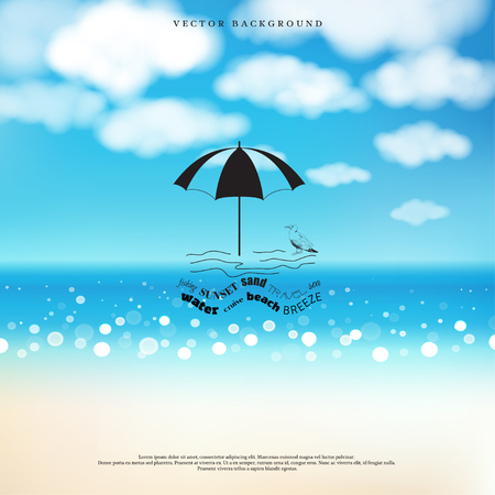 Vector background  Marine style with Badge in the shape of umbrella stuck in the sand against the backdrop of the waves of the words. Background with the beach, sea and clouds in the sky.のイラスト素材