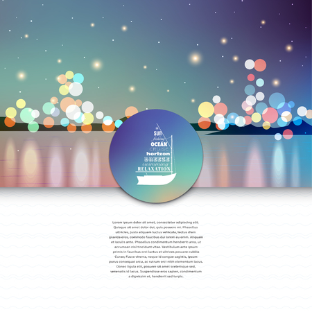 Vector card with the emblem of ship in marine style. Blurred Lights on colored background with bokeh effect.のイラスト素材