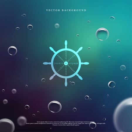 Vector background in marine style. Bubbles under water. The emblem of steering wheel.のイラスト素材