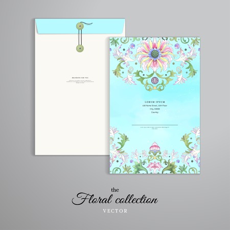 Vector template. Vertical big envelope with buttons. Lotus round patterns. Imitation of chinese porcelain painting. Hand drawing.のイラスト素材