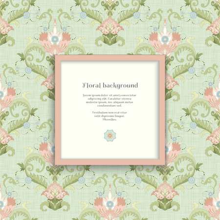 Vector square frame. Beautiful seamless floral pattern in vintage style.  Imitation canvas texture. Realistic shadows and place for your text.のイラスト素材