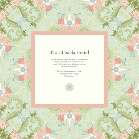 Vector square frame. Beautiful seamless floral pattern in vintage style. Imitation canvas texture. Realistic shadows and place for your text.のイラスト素材