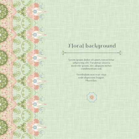 Vector card. Beautiful floral border in vintage style. Imitation canvas texture. Place for your text.のイラスト素材
