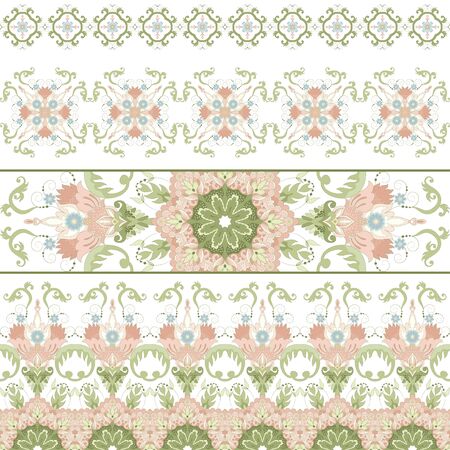 Vector seamless set of borders. Beautiful round floral pattern in vintage style.のイラスト素材