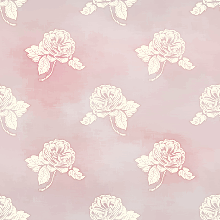 Silhouette of hand drawn Victorian garden roses on watercolor backdrop. Vintage style vector seamless background.のイラスト素材