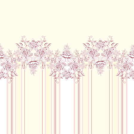 Vector seamless background. Border with bouquet victorian garden roses and stripes. Hand drawing in vintage styleのイラスト素材