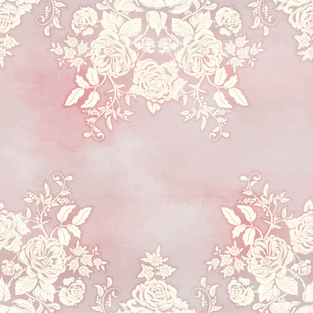 Vector seamless background with borders. Silhouette of a bouquet victorian garden roses on watercolor backdrop. Hand drawing in vintage styleのイラスト素材
