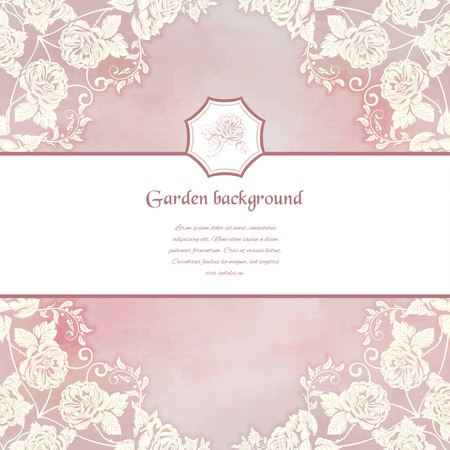 Vector card. Victorian garden roses. Hand drawing on watercolor backdrop. Place for your text.のイラスト素材