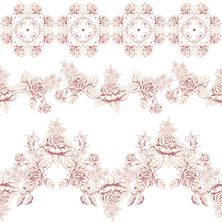 Vector set of three seamless borders. Victorian garden roses. Hand drawing.のイラスト素材