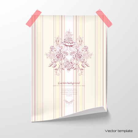 Vector illustration. Sheet of paper with striped background and pattern of victorian garden roses tape to the wall. Hand drawing. Vintage style.のイラスト素材