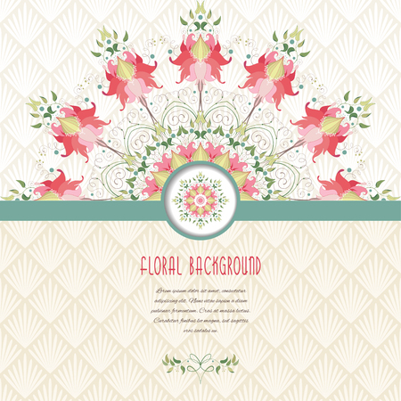 Beautiful round floral pattern and ribbon vector card. Delicate ornament on backdrop. Place for your text.のイラスト素材