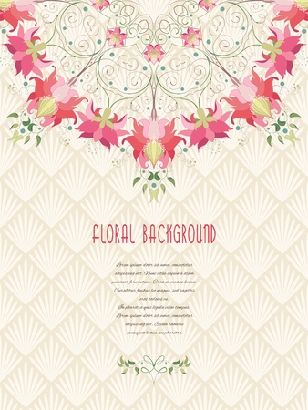 Round floral pattern and delicate ornament on backdrop vector card. Place for your text.のイラスト素材