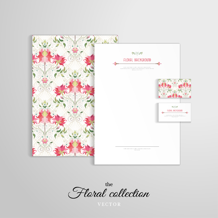Vector identity templates. Letterhead, folder for documents, business cards. Floral pattern and delicate ornament.のイラスト素材