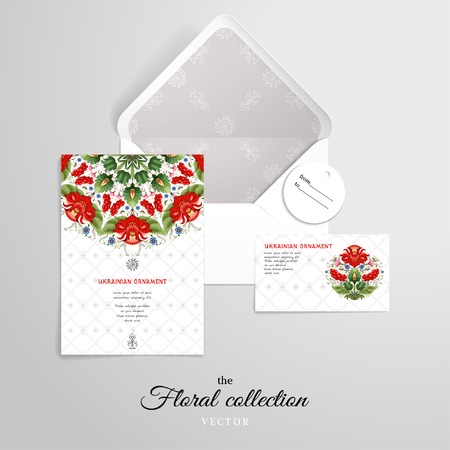 Vector set for design. Beautiful round floral pattern.  Style of Petrykivka painting. Background with ornament similar to embroidery.のイラスト素材