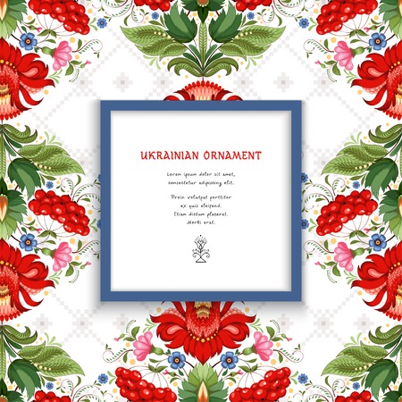 Vector square frame with floral pattern and ornament similar to cross stitch on backdrop. Style of Petrykivka painting.のイラスト素材