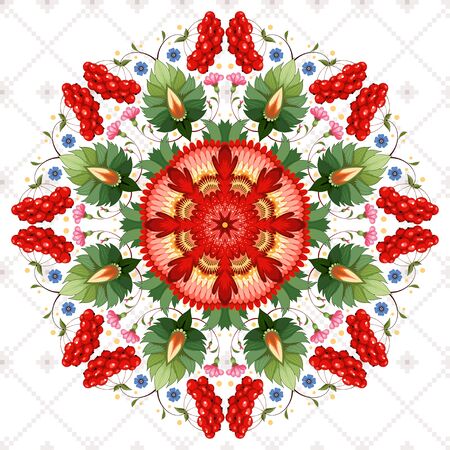 A Vector background. Floral round ukrainian pattern in the style of Petrykivka painting and background with ornament similar to embroidery.のイラスト素材