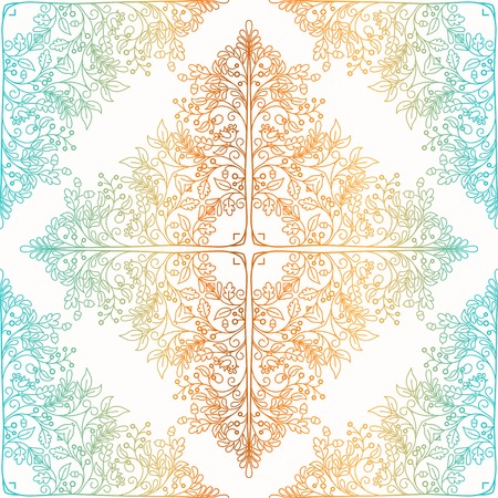 Vector seamless background with square gradient pattern. Autumn theme. Tree in the rain. Decorative leaves, birds and soil.のイラスト素材