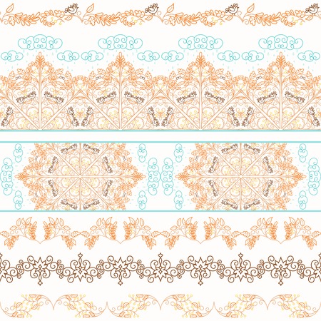 Vector set of six seamless borders with autumn pattern. Oak with acorns in the rain and birds.のイラスト素材