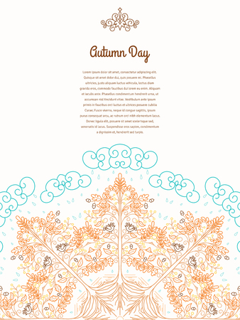 Vector card with round pattern. Oak trree and rainy cloud.Autumn theme.のイラスト素材