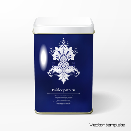 Object vector square tin packaging. Tea, coffee, dry products. Oriental traditional paisley flower gradient mesh backdrop.のイラスト素材