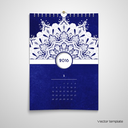Spiral calendar with a round ornament vector illustration. Beautiful floral oriental pattern and watercolor hand drawing background. Space for your text realistic shadows.のイラスト素材