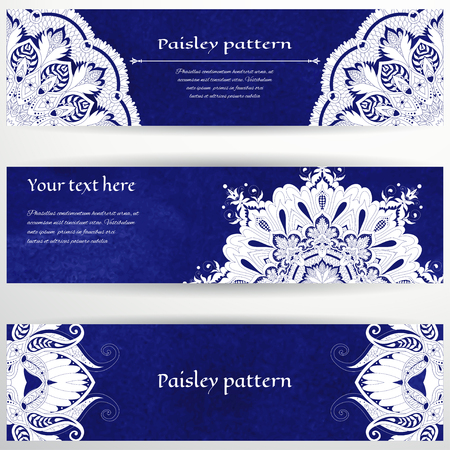 Set of three horizontal banners, round floral damask pattern. Blue watercolor backdrop place for your text.のイラスト素材