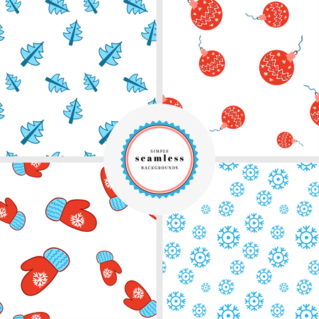 Vector set of four backgrounds with seamless patterns. Mitten, fir trees, snowflakes and Christmas balls. Christmas and New Year theme.のイラスト素材