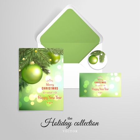 Vector set for design with fir tree on blurred background. Green balls on winter styleのイラスト素材