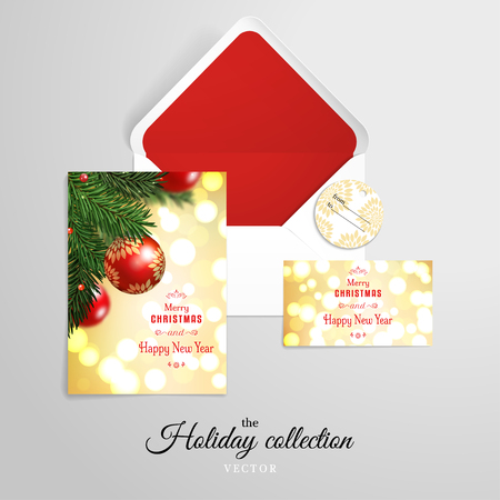 Vector set for design. Fir tree branches on blurred background with red balls. Greeting lettering on Christmas and New Year style.のイラスト素材