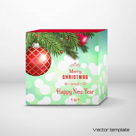 Vector cubic box with fir tree on blurred background. Red balls and greeting lettering. Winter theme.のイラスト素材