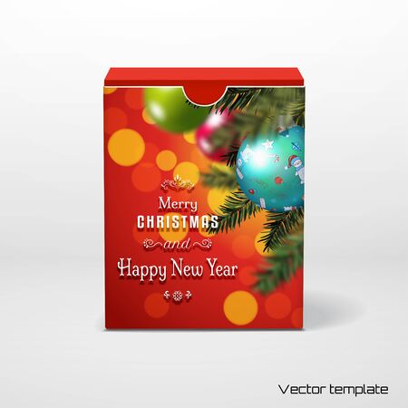Vector illustration. Box with place for your text. Fir tree on blurred background with colored balls. Christmas and New Year theme.のイラスト素材
