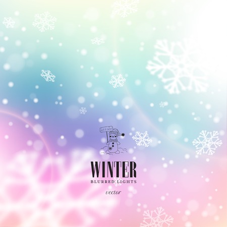 Abstract vector illustration. Snowflakes on multicolored blurred background. Christmas and New Year theme. Cartoon snowmen and lettering.のイラスト素材