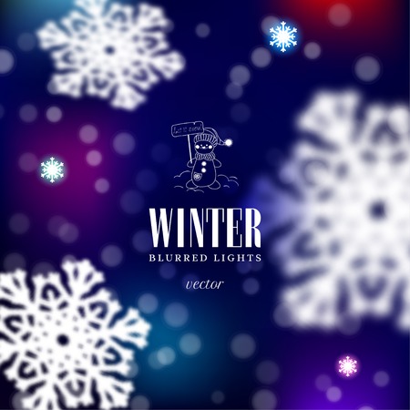 Winter abstract vector illustration with dark blurred background. Snowfall and Cartoon snowmen and lettering. Christmas and New Year theme.のイラスト素材