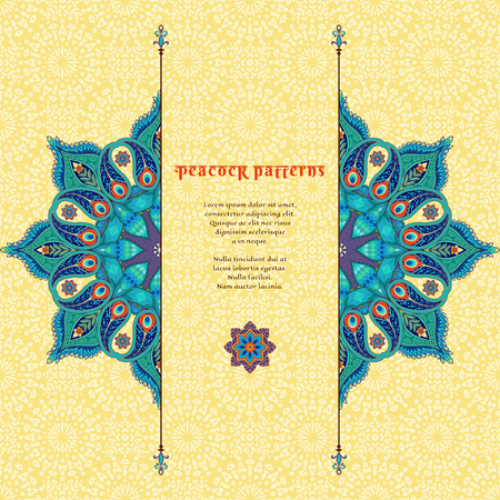 Vector card with floral round oriental pattern. Paisley ornament with peacock feathers elements. Abstract background. Place for your text.のイラスト素材