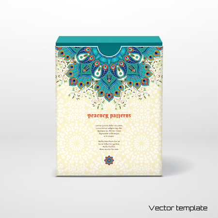 Vector illustration. Box with place for your text. Round ornament and abstract backdrop. Beautiful floral paisley oriental pattern with peacock feathers elements.のイラスト素材