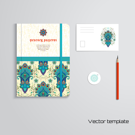 Set of notebook, pencil, tag and card. Beautiful floral eastern pattern with peacock feathers and delicate ornament.のイラスト素材