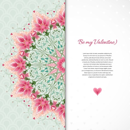 Vector card with delicate ornament on backdrop. Fantasy floral round pattern. All design elements consist of hearts. Wedding or Valentine's Day. Insertion for your text.のイラスト素材