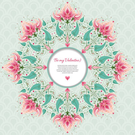 Vector round frame. Beautiful round fantasy floral pattern. Delicate ornament on backdrop. Wedding or Valentine's Day. All design elements consist of hearts.のイラスト素材