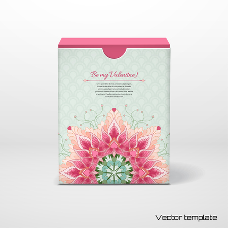 Vector illustration. Box with place for your text. Fantasy floral round pattern and delicate ornament on backdrop. All design elements consist of hearts. Wedding or Valentine's Day.のイラスト素材