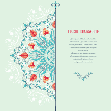 Vector card. Round tulip flower pattern and elegant decor with curls. Place for your text.のイラスト素材