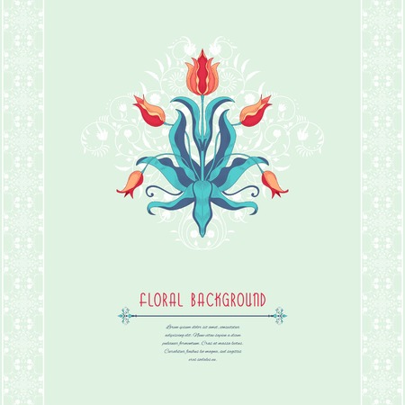 Vector card with floral element and borders with leaves and curls. Element of tulip flower. Place for your text.のイラスト素材